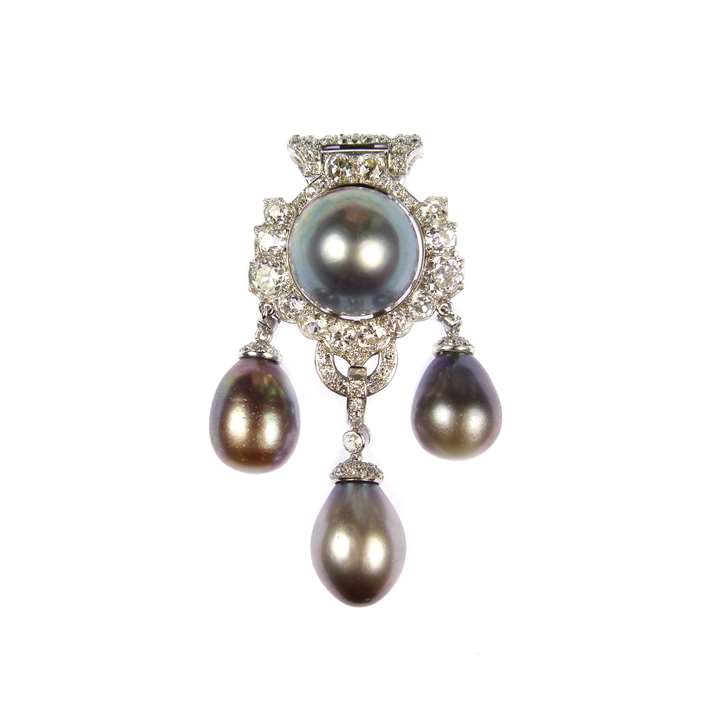 Art Deco triple drop grey pearl and diamond clip brooch